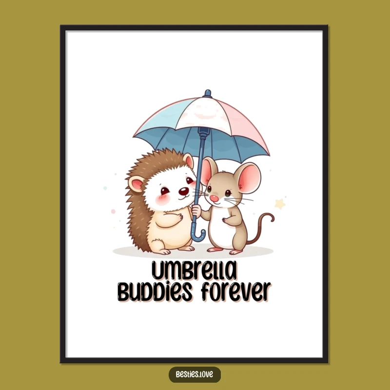 Funny Hedgehog & Mouse Digital Print: Tiny Umbrella Art of Brave Friends