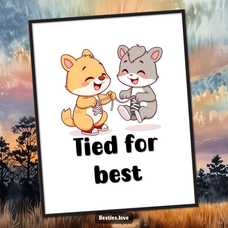 Funny digital art print of a smiling animal helping another tie shoelaces, symbolizing kindness and friendship for instant wall decor.