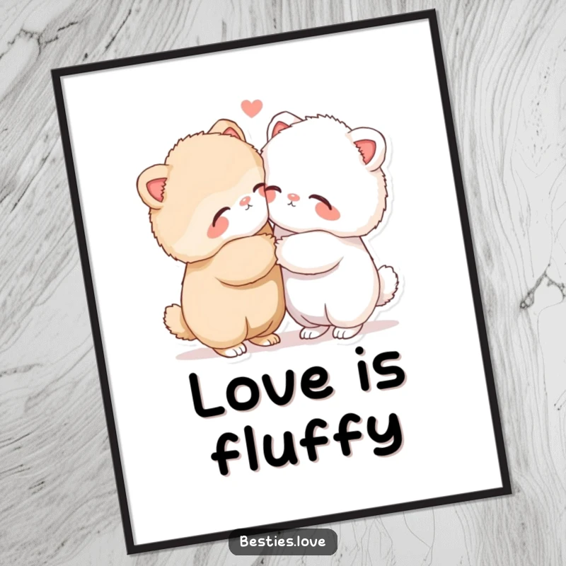 Funny digital art print of two fluffy animals in a tight, loving hug with eyes closed, symbolizing comfort and affection for your home.