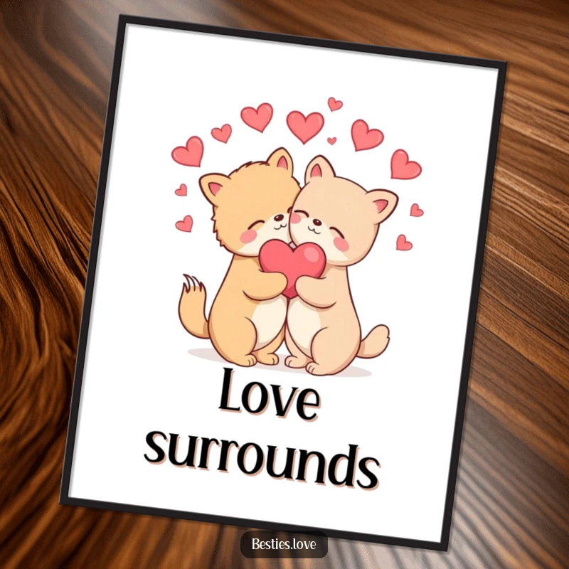 Funny Digital Art Print: Two animals in a blissful embrace, surrounded by floating hearts, conveying deep love and happiness.