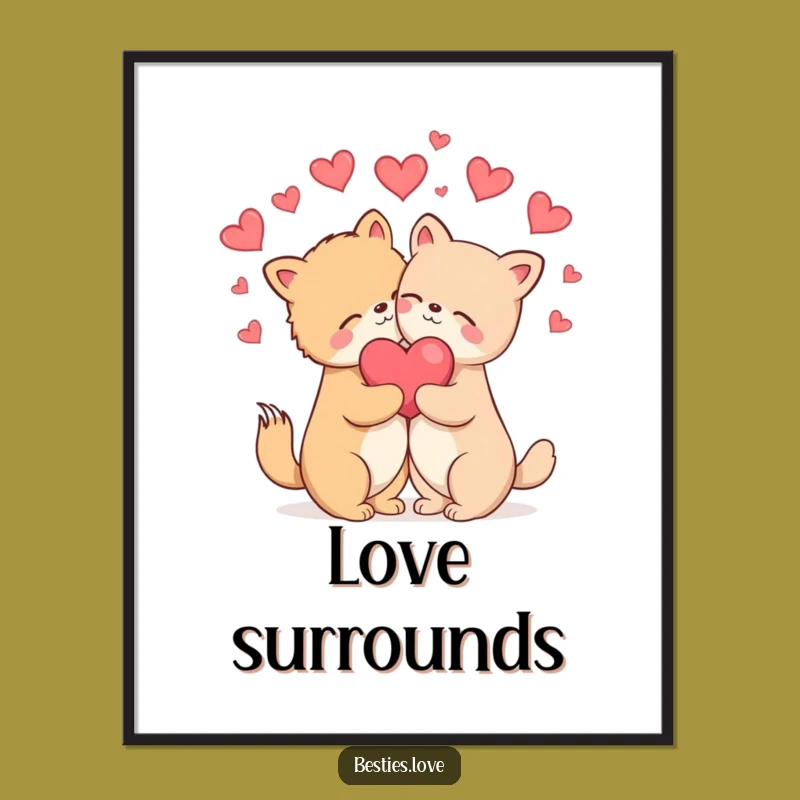 Funny Hugging Animals Digital Art: Love Print, Blissful Instant Decor