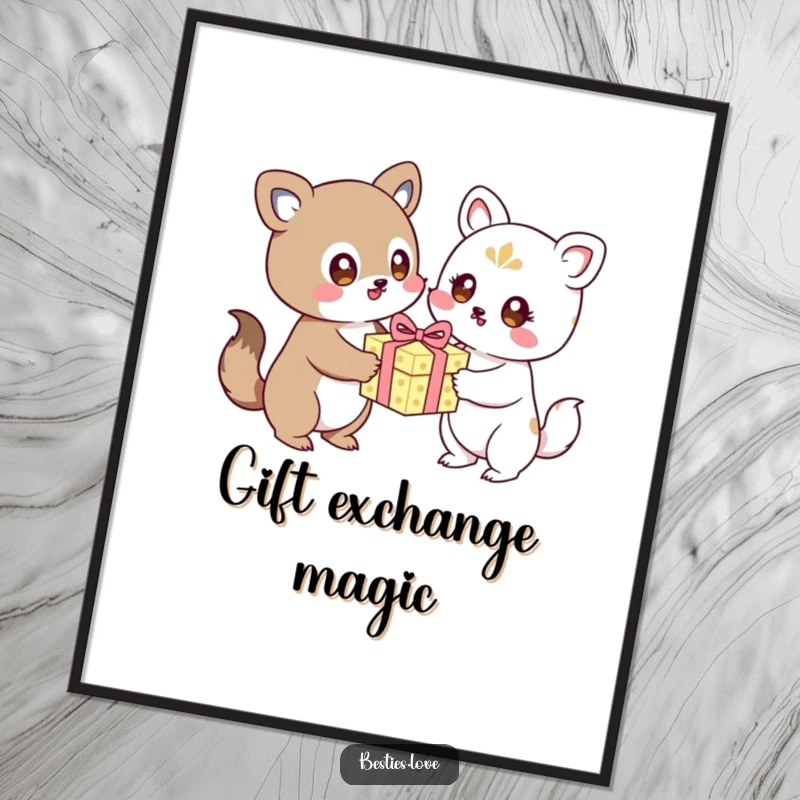 Funny kawaii animals exchanging a birthday gift with excited eyes, a festive digital art print, instant download.