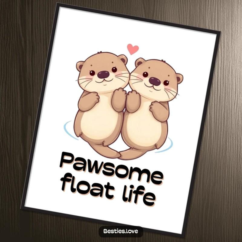 Funny digital art print of two happy otters floating on their backs, holding paws, capturing a moment of pure aquatic friendship and joy.