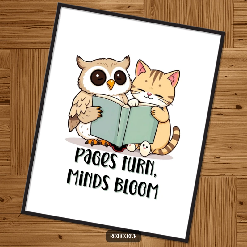 Funny digital art print of a smiling owl and a sleepy cat engrossed in a large book, capturing a heartwarming scene of shared reading.