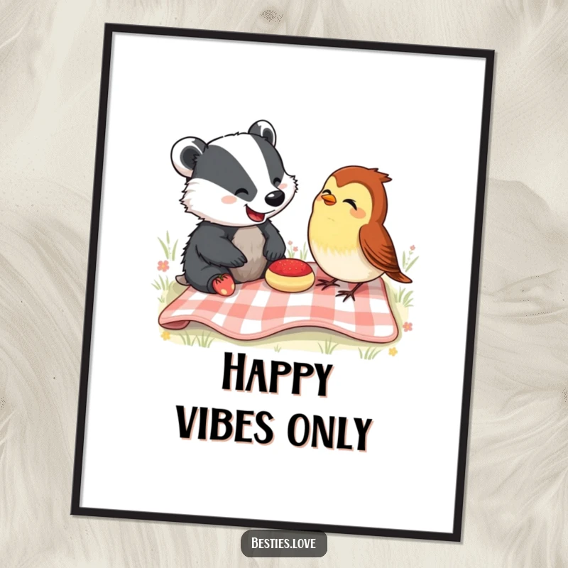 Funny Digital Art Print: A happy badger and cheerful robin sharing a picnic blanket and laughing, bringing instant humor to any space.