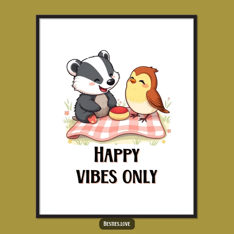 Funny Picnic Pals Digital Art: Laughing Badger & Robin Scene, Instant Funny Gift