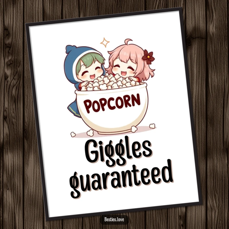 Funny Digital Art Print: Two characters share a giant popcorn bowl and laugh heartily, a humorous and vibrant illustration for instant decor.