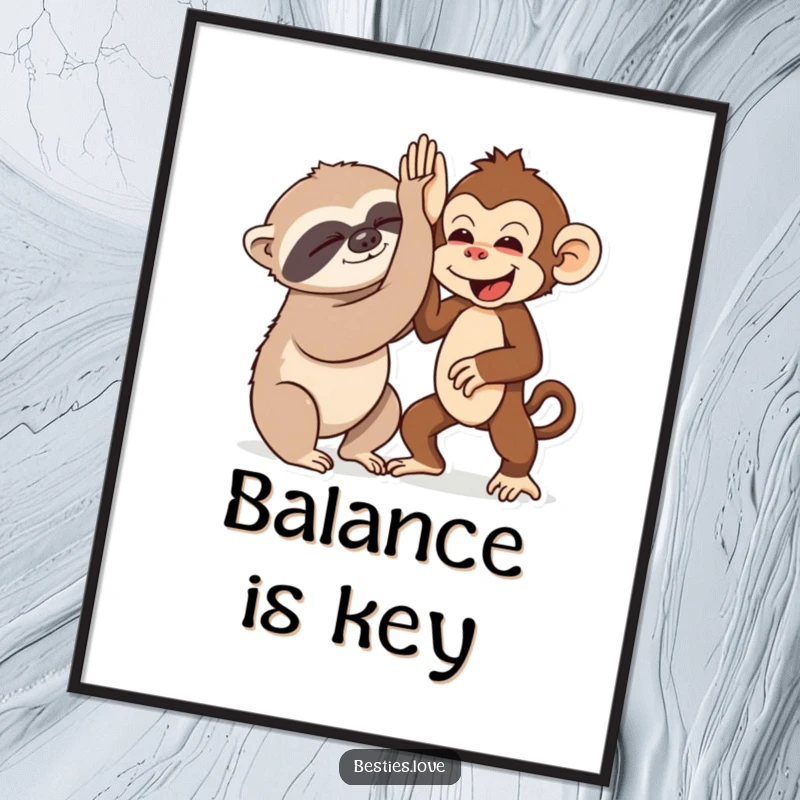 Funny digital art print of a sleepy sloth and an energetic monkey high-fiving, symbolizing contrasting personalities and friendship.