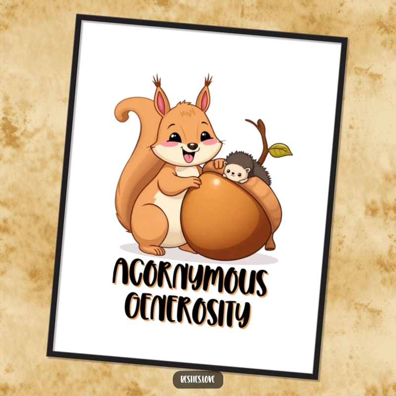 Funny digital art print of a happy squirrel sharing a giant acorn with a tiny hedgehog, symbolizing kindness and friendship.