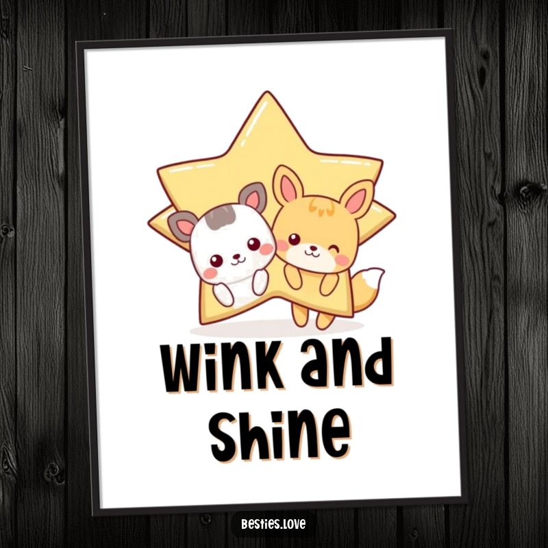 Funny Star Animals Digital Art featuring cartoon animals peeking from behind a giant, winking star, ready for printing.
