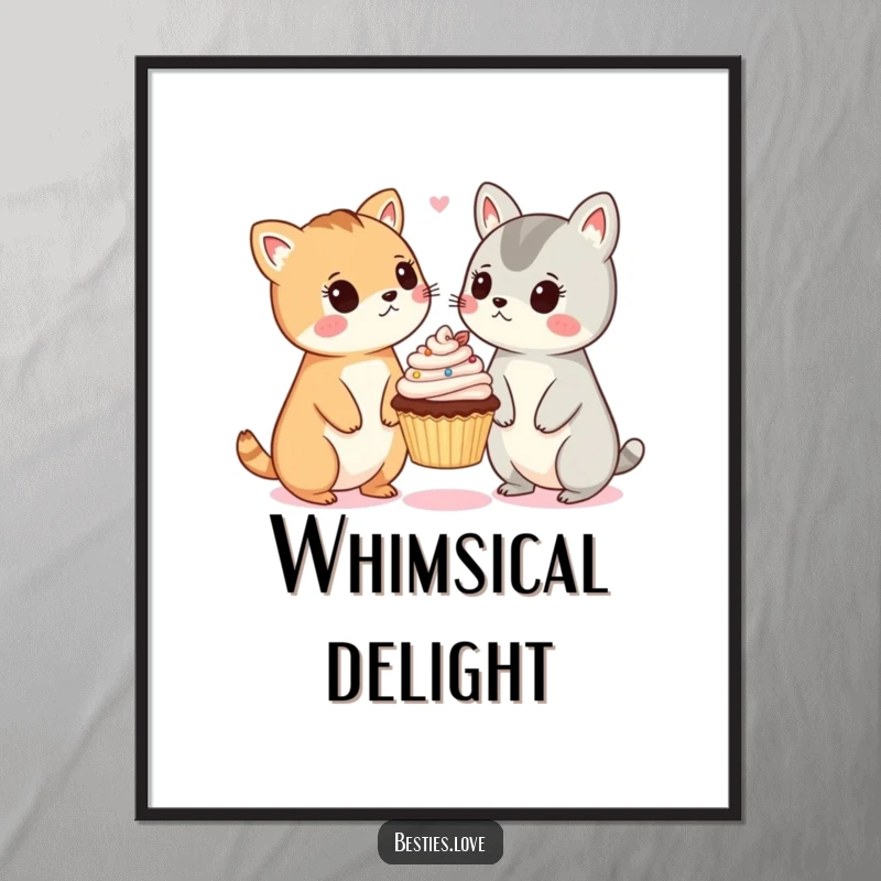 Funny digital art print of two adorable animals making surprised expressions over a small, floating cupcake, perfect for wall decor.