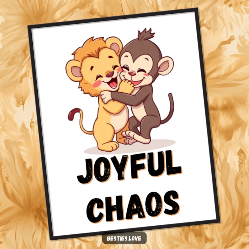 Funny Digital Art Print: A lion cub and a playful monkey wrestling joyfully, capturing a humorous and vibrant moment of friendship.
