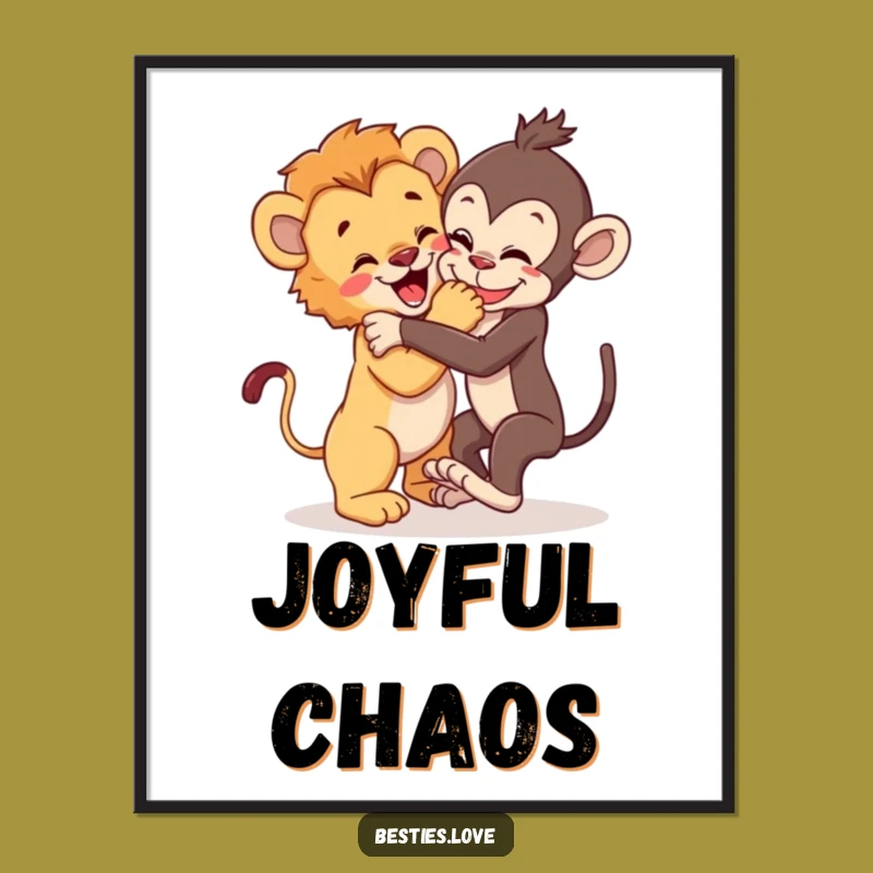 Funny Wild Pals Digital Art: Lion Cub & Monkey Wrestle Scene, Instant Funny Gift