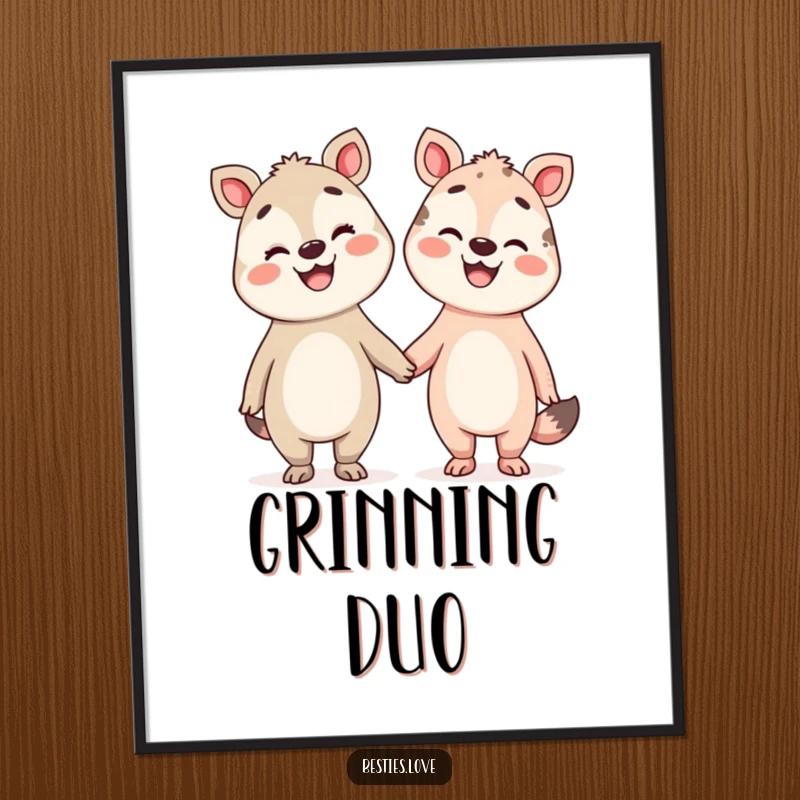 Funny Pals Digital Art featuring two silly animals holding hands, their faces beaming with broad smiles, ready for printing.