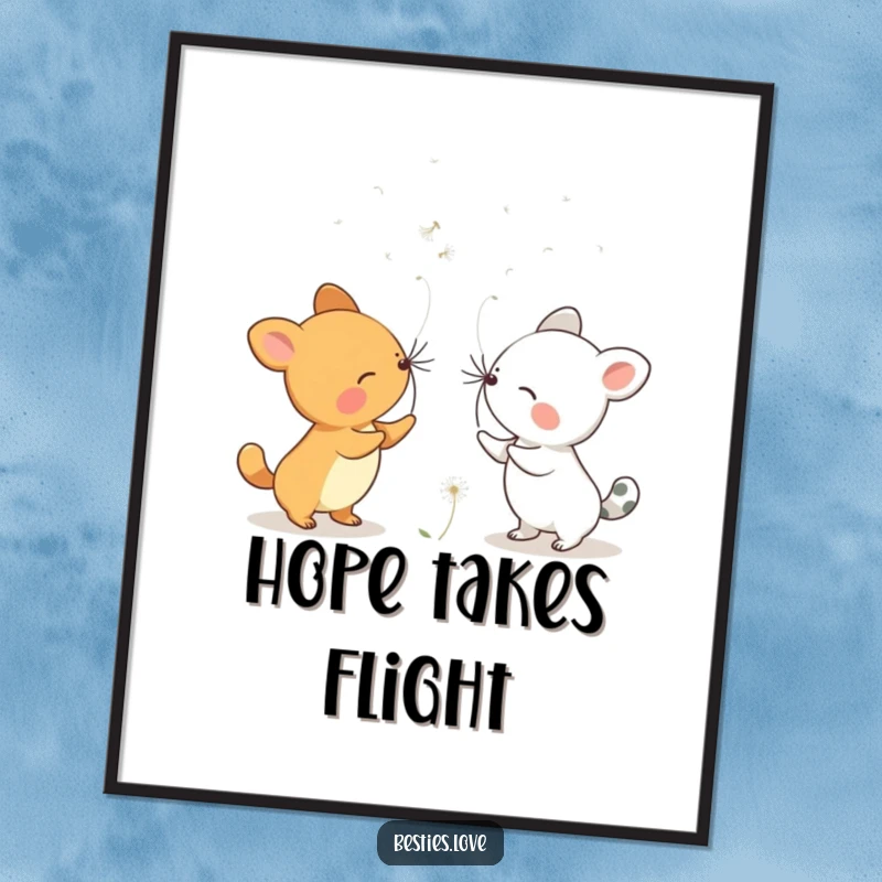 Funny Dandelion Wishes Animals Digital Art Print showing two creatures softly blowing dandelion seeds, symbolizing shared wishes.