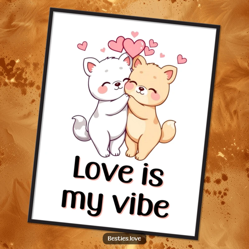 Funny kawaii animals in a tight embrace with hearts floating, a charming digital art print for instant home decor.