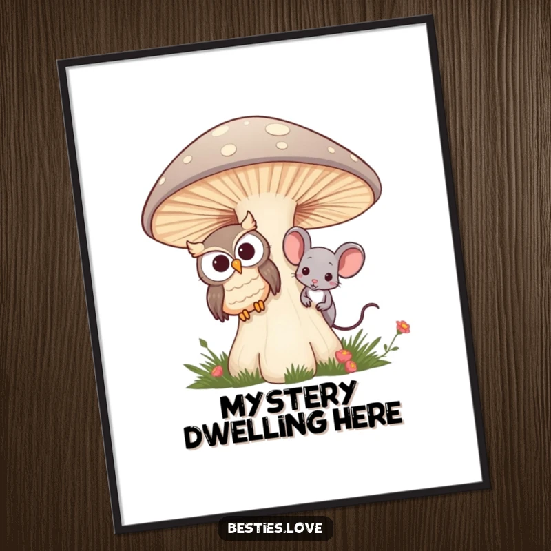 Funny digital art print of an owl and mouse best friends peeking from behind a mushroom, perfect for instant download.