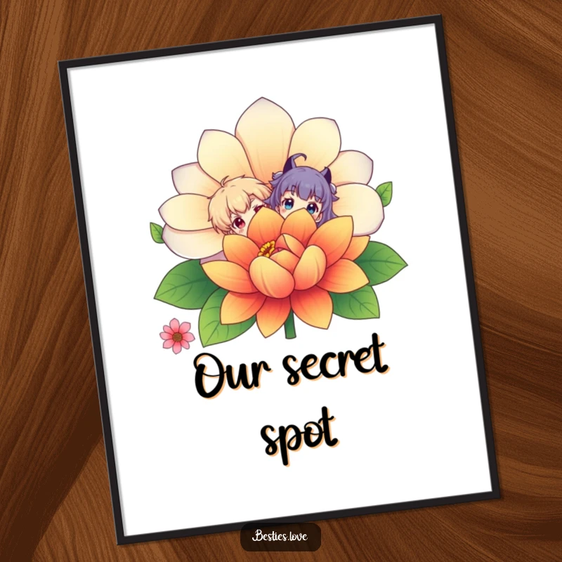 Funny Digital Art Print: Two characters peeking from behind a giant flower, a humorous and vibrant illustration ready for instant download.