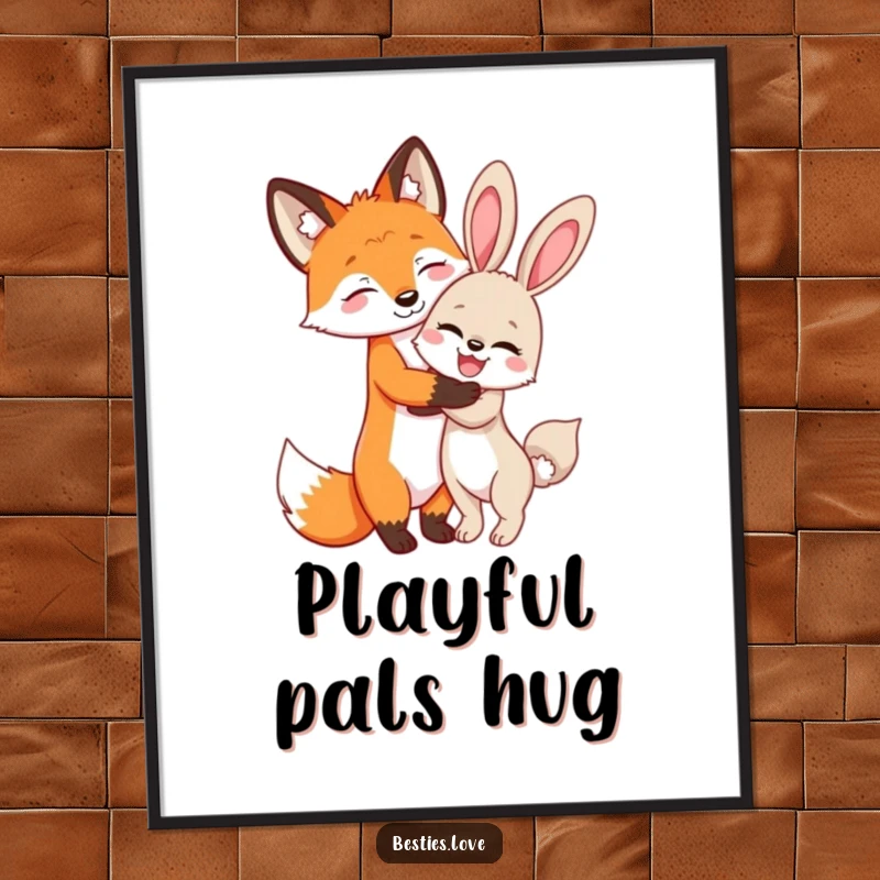 Funny Fox and Bunny Digital Art Print: A fox and bunny share a secret hug, symbolizing friendship and joy on your screen.