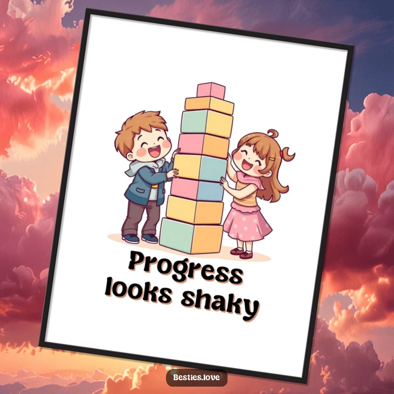 Funny digital artwork of best friends joyfully building an extremely tall, wobbly block tower, symbolizing collaboration and shared fun.