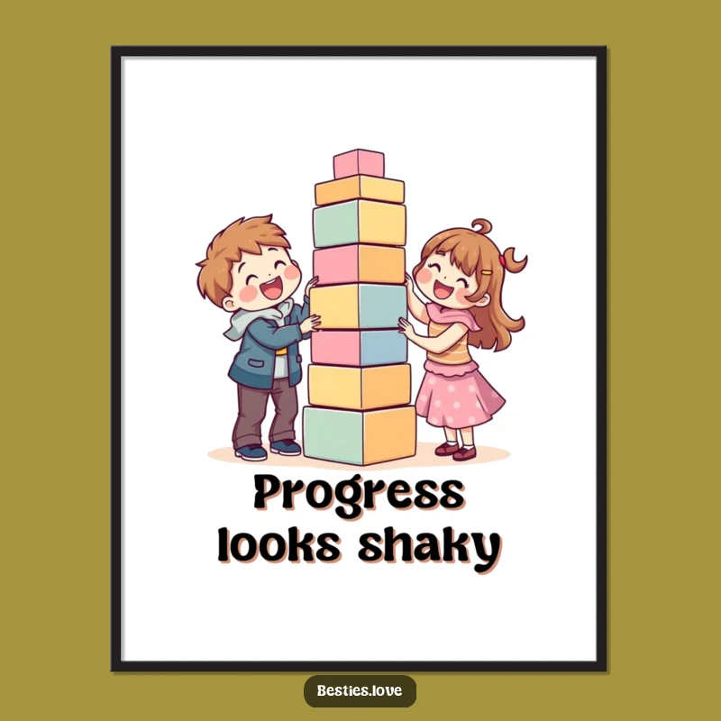 Funny Best Friends Block Tower Digital Art: Joyful Building Print