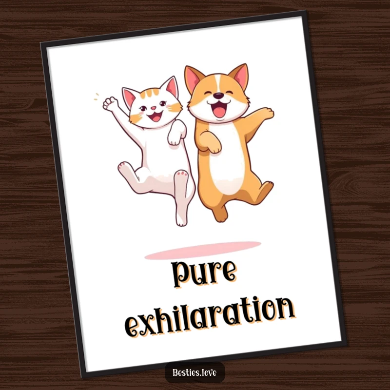 Funny digital art print of a cat and dog jumping high, kicking legs excitedly, perfect for instant playful pet wall decor.