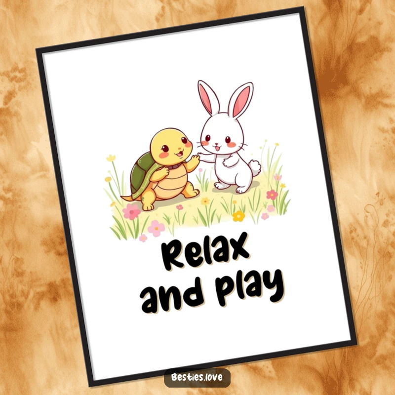 Funny Digital Art Print: A shy turtle and an energetic rabbit playing tag in a meadow, capturing a humorous moment of friendship.