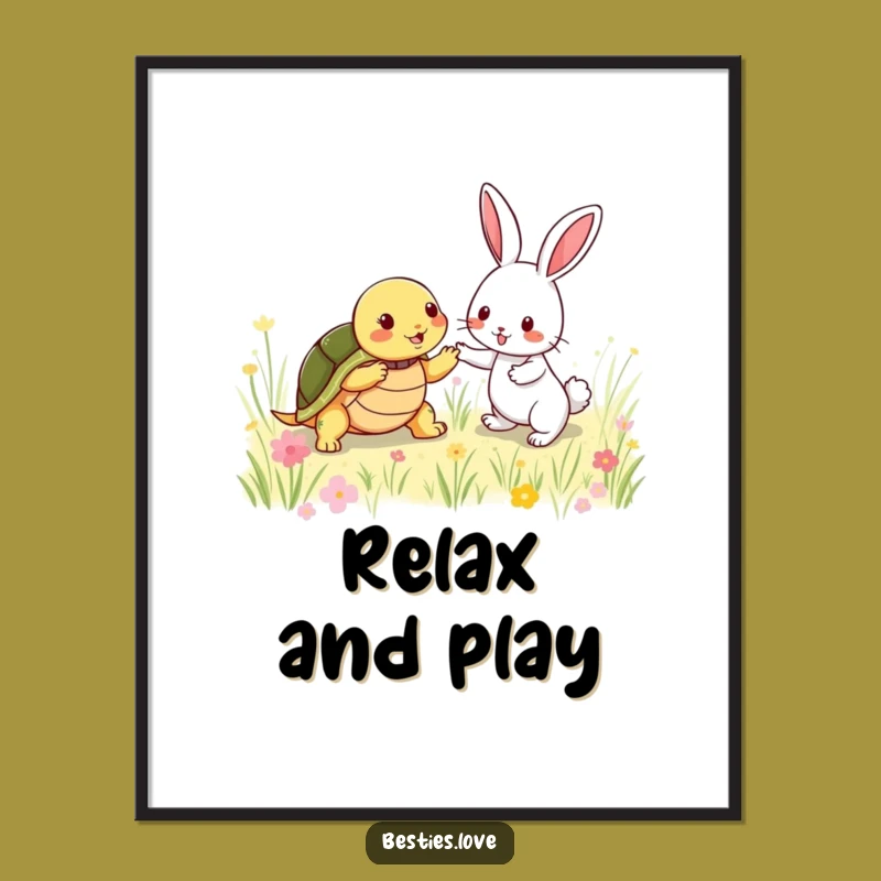 Funny Friendship Frolic Digital Art: Turtle & Rabbit Tagging Scene, Instant Funny Gift