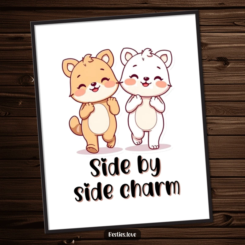 Funny kawaii animals holding paws and walking happily, a joyful digital art print, instant download.