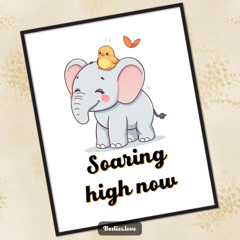 Funny Digital Art Print: A smiling elephant offering its back for a tiny bird friend to ride, capturing a humorous and kind moment.