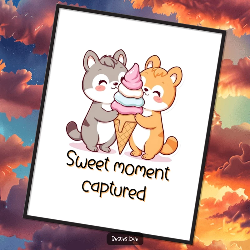 Funny kawaii animals sharing a giant ice cream cone, a fun and sweet digital art print, instant download.