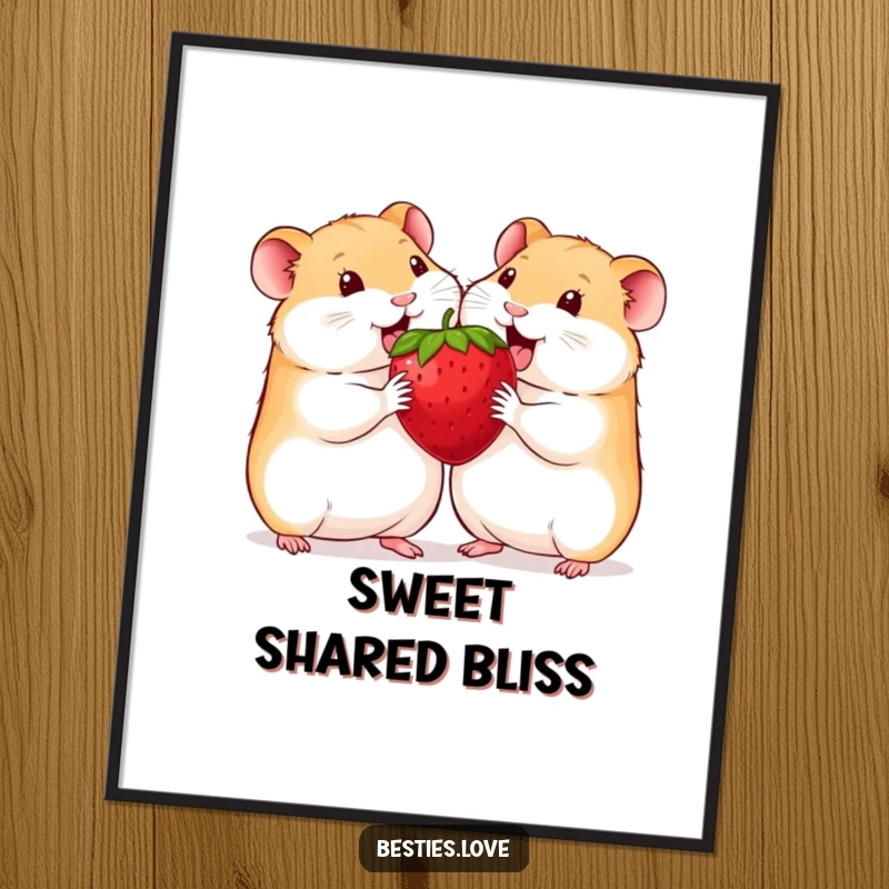 Funny hamster digital art print of two smiling hamsters sharing a single, oversized strawberry, celebrating friendship and joy.