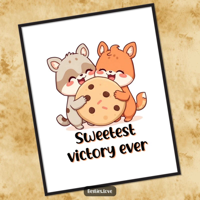 Funny digital art print of two smiling animal pals sharing a huge cookie, a heartwarming and humorous piece for instant wall decoration.