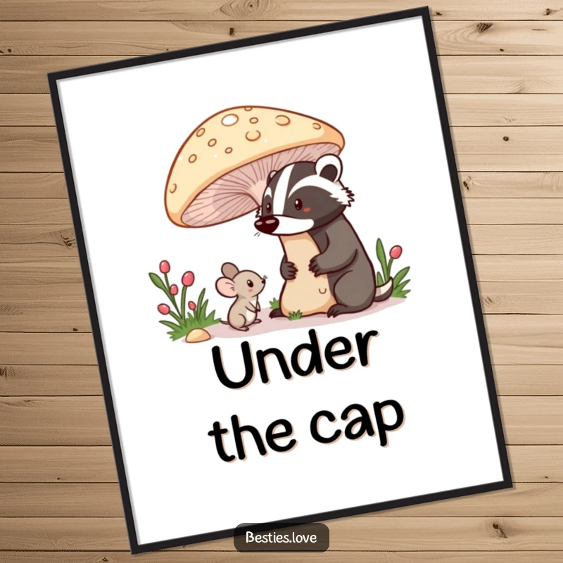 Funny digital art print of a shy mouse peeking from under a giant mushroom at a proud badger, perfect for instant forest wall decor.