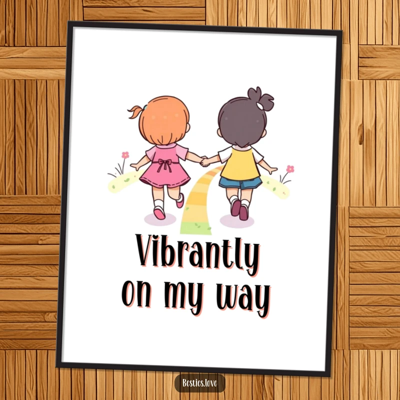 Funny Rainbow Friends Skipping Digital Art Print showing two companions joyfully skipping hand-in-hand on a glowing, vibrant rainbow.