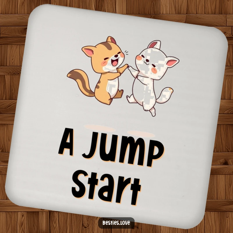 Funny Leapfrog Animals Coaster depicting two joyful animals mid-leap, adding a humorous touch to drink protection.