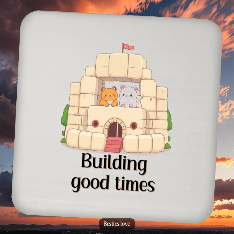 Funny Drink Coasters depicting two animals building a magnificent fort out of oversized plush blocks, adding a humorous and creative touch to any tabletop.