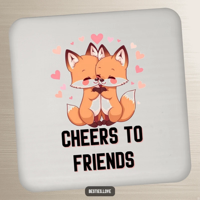 Funny drink coasters featuring two darling fox friends hugging, surrounded by sparkling hearts, adding a touch of cute animal art to any table.