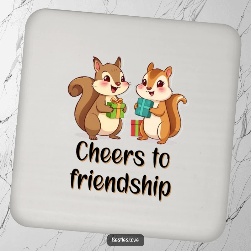 Funny drink coasters with a squirrel and chipmunk best friends exchanging gifts, adding a touch of humor to any table setting.
