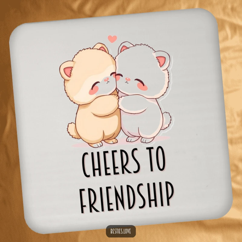 Funny drink coasters showing two fluffy animals in a loving hug, offering protection for surfaces with a heartwarming and humorous design.