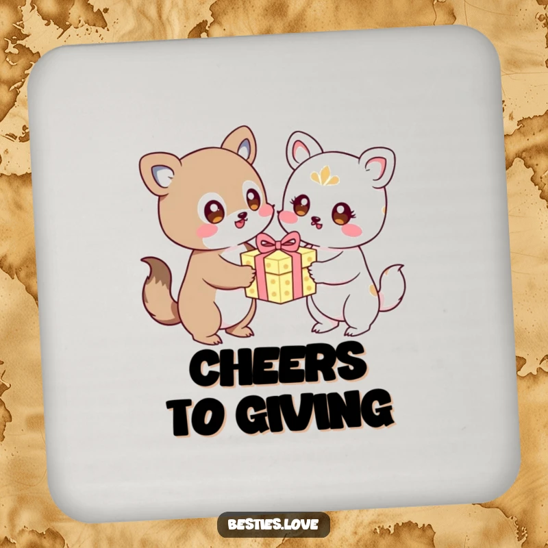 Funny kawaii animals exchanging a birthday gift, a protective drink coaster, adds festive joy, gift.