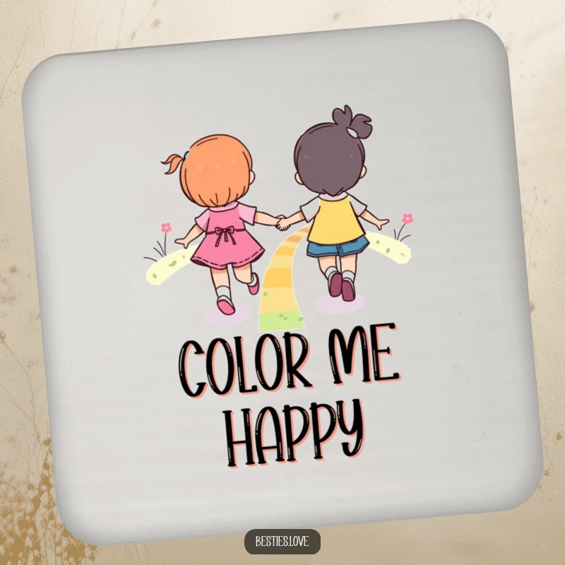 Funny Rainbow Friends Skipping Coaster depicting two friends joyfully skipping hand-in-hand along a colorful rainbow.