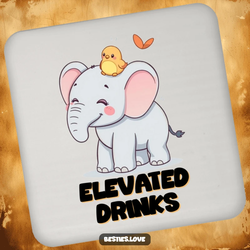 Funny Coasters: A smiling elephant offering a ride to a tiny bird on its back, protecting surfaces with gentle humor and charm.