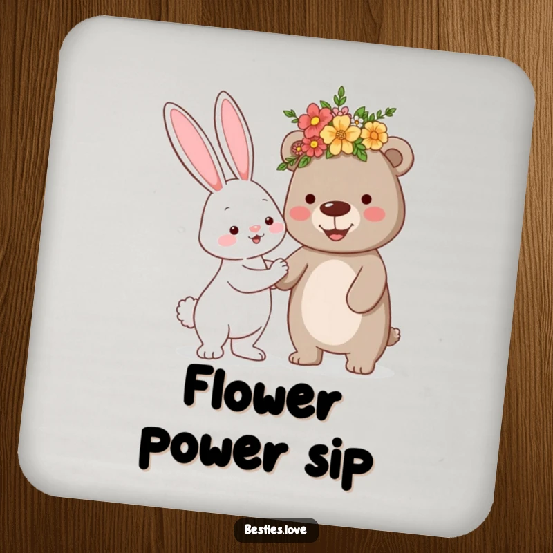Funny drink coasters showing a bunny offering a silly flower crown to a bear, adding cute animal charm to any table.