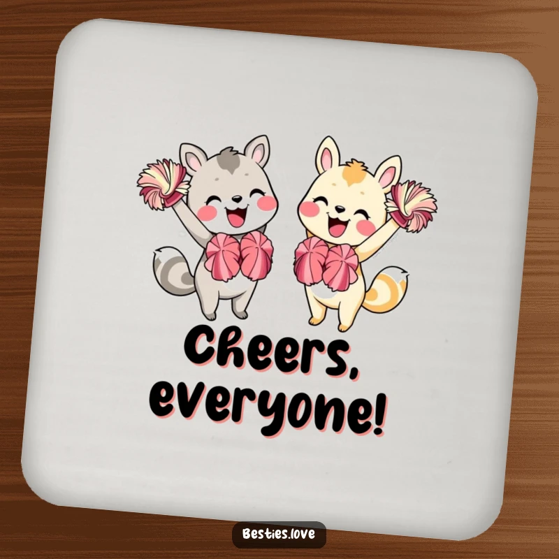 Funny Animal Friends Coaster: Two animal companions energetically cheering with pom-poms and beaming smiles, a piece of functional art.