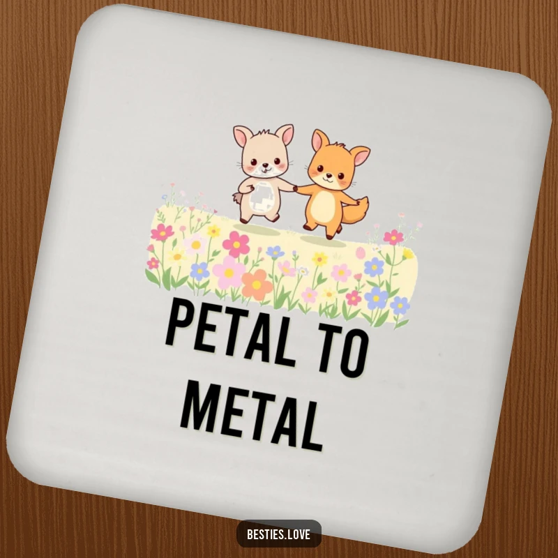 Funny animal friends coasters depicting two happy creatures holding hands and skipping through a field of flowers.