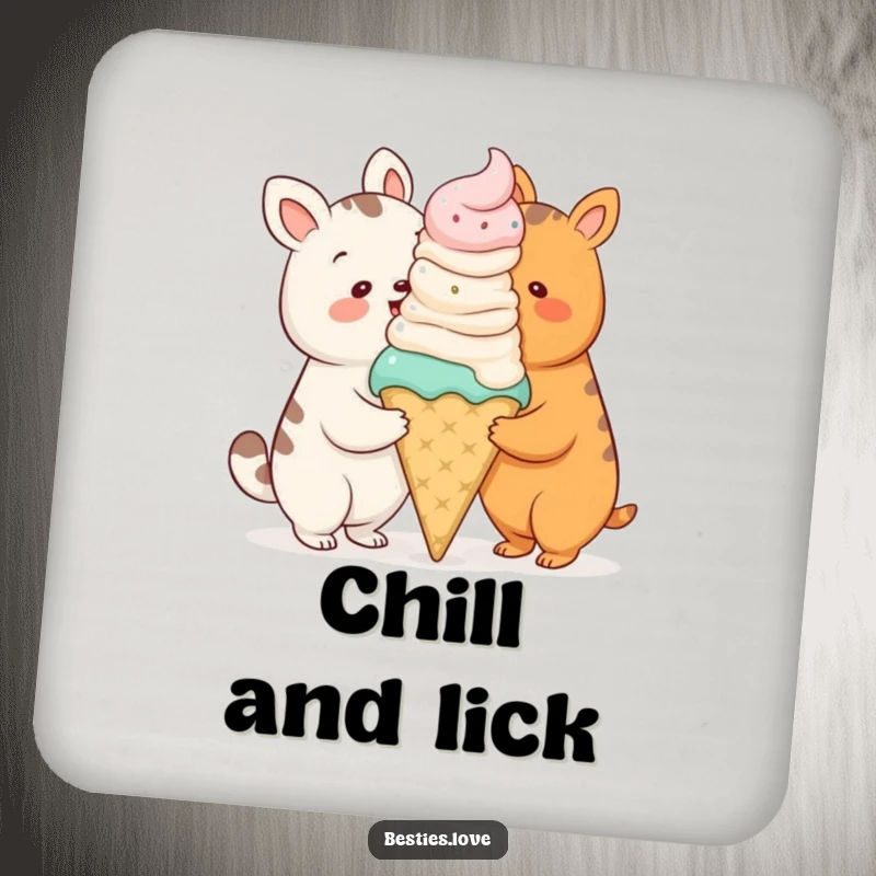 Funny drink coasters featuring two cartoon animals sharing a comically oversized ice cream cone, adding fun to tables.