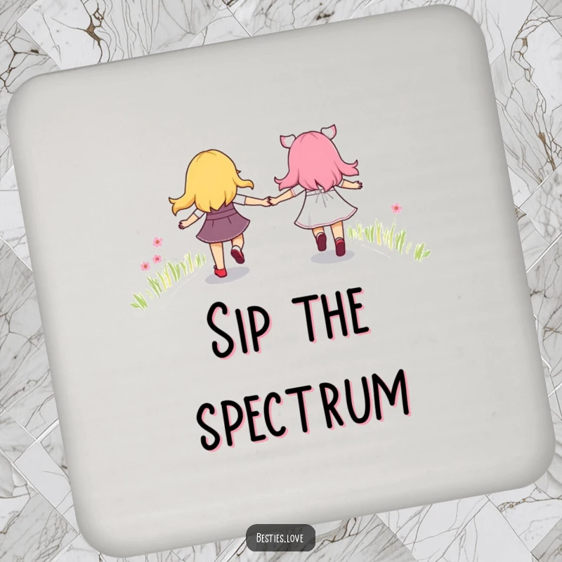 Funny drink coaster illustrating best friends holding hands and skipping joyfully along a vibrant rainbow path, adding a whimsical touch.