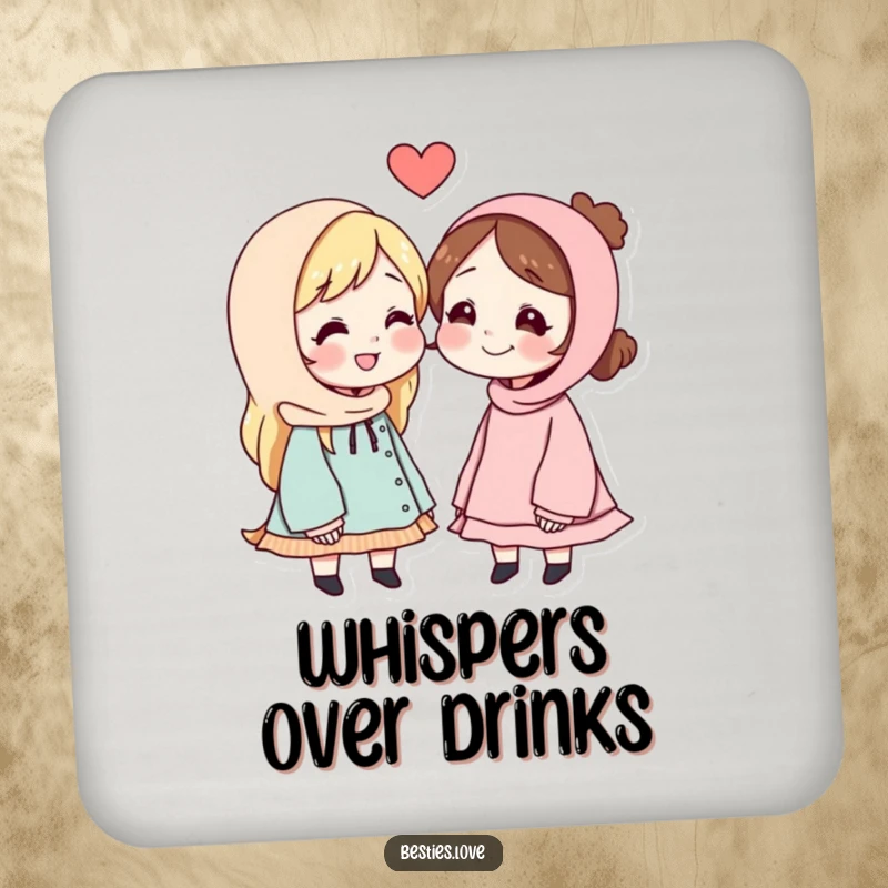 Funny drink coaster illustrating best friends sharing a whispered secret message, perfect for protecting surfaces with humor and intrigue.
