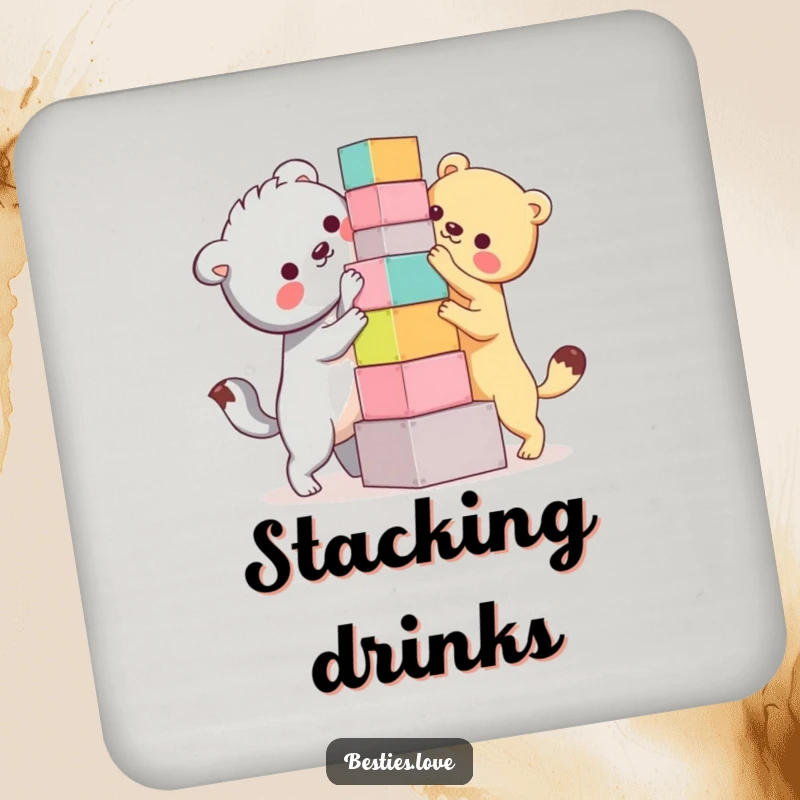 Funny Bestie Animals Coaster: Two animal companions humorously attempting to build a precarious block tower, a piece of functional art.